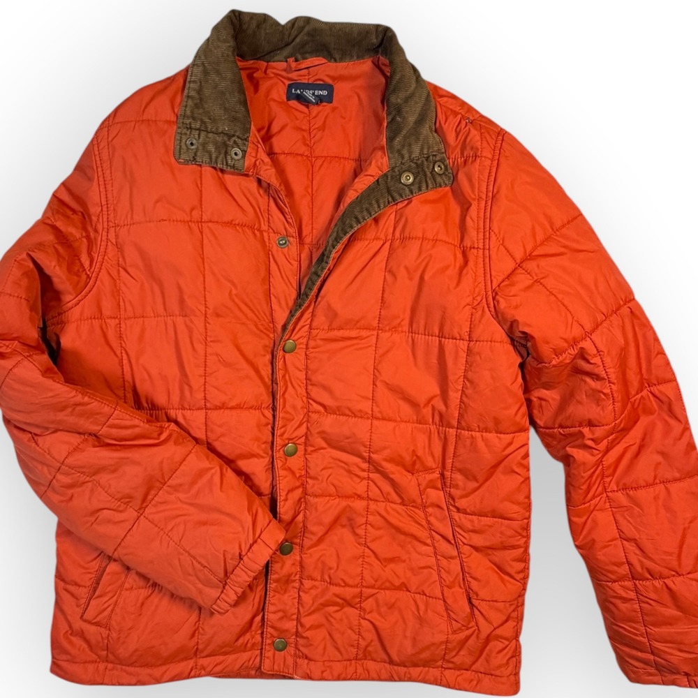 Lands End Mens Orange Quilted Barn Jacket Corduroy Trim Snap Front Size M 38-40